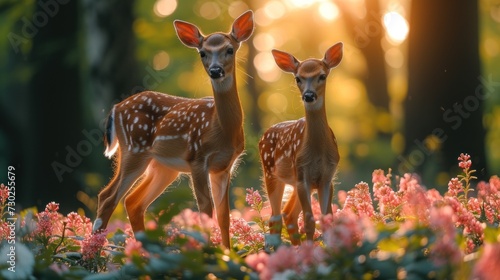 a couple of deer standing next to each other on a lush green field with pink flowers in the foreground.