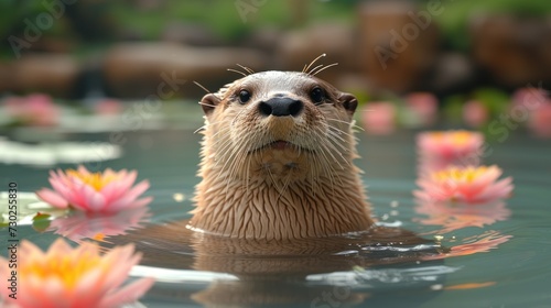 a close up of a body of water with a small animal in it's mouth and flowers in the water. photo