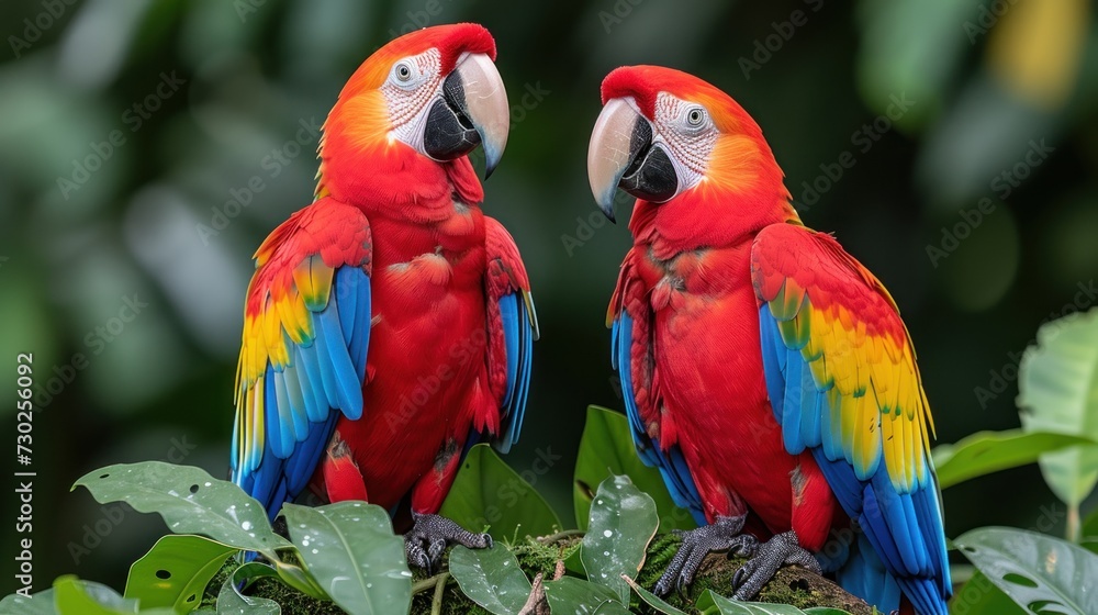 two colorful parrots sitting on top of a tree branch with leaves around them and looking into each other's eyes.