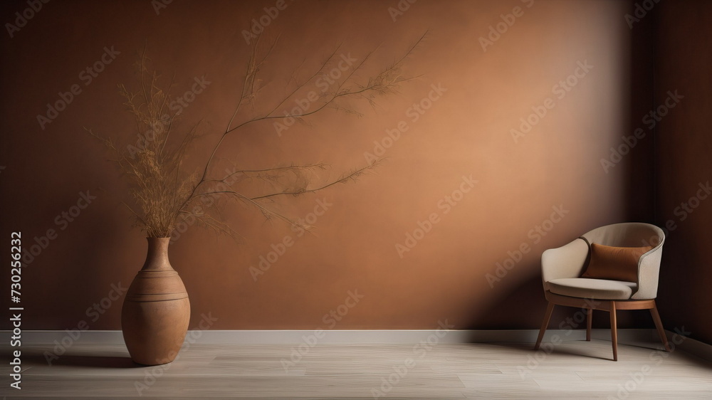 Interior background of room with brown stucco wall and vase with branch Interior background of room with brown stucco wall and vase with branch