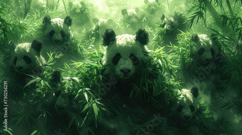a panda bear sitting in the middle of a lush green forest filled with lots of leafy plants and looking at the camera.