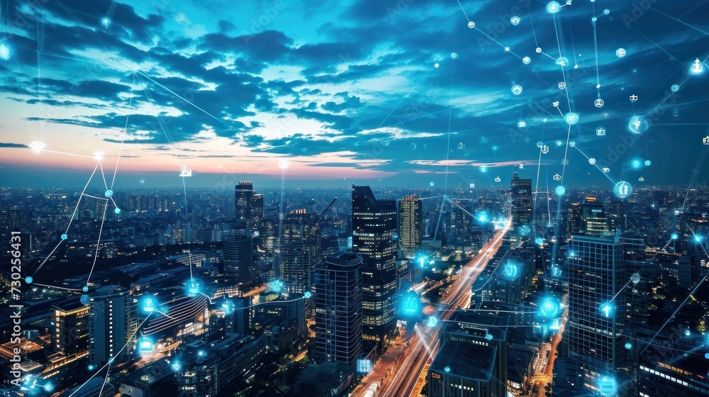 Fototapeta premium Smart city and communication network. Digital transformation, business, building, modern, urban, technology, connection, information, innovation, capita, future