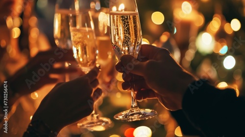 Celebration party or holiday party. Person holding glasses of champagne making a toast. Champagne, wine, drink, celebrate, alcohol, party, toasting, happy, success, clink, friendship