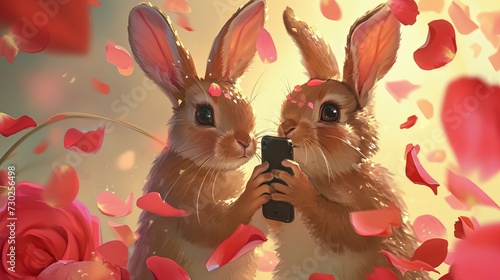 Rabbits surrounded by rose petals, exchanging loving glances generative ai photo
