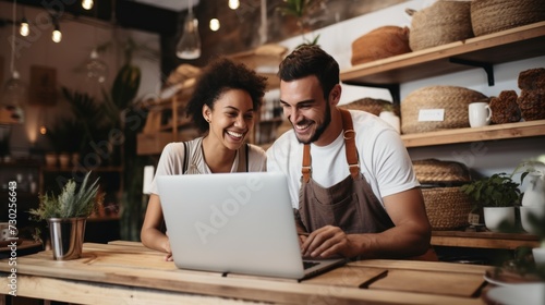 Successful female ceramists using a laptop while working together. female entrepreneurs managing online orders in their store. Happy young businesswomen creative small business