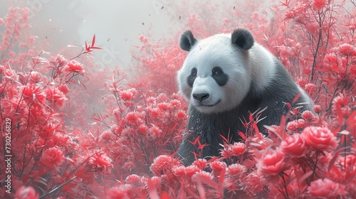 a panda bear sitting in the middle of a field of red flowers with a foggy sky in the background. photo