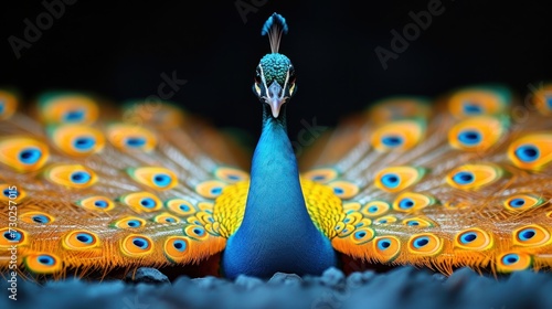 a close up of a peacock's feathers with it's tail open and it's eyes closed. photo