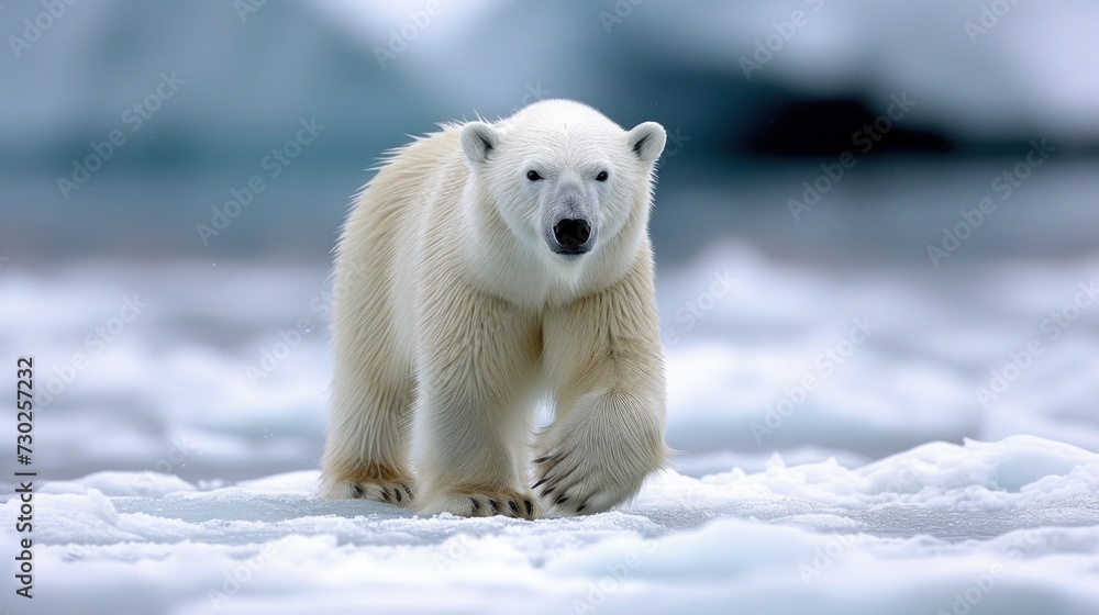 a close up of a polar bear walking in the snow with an iceberg in the back ground in the background. a close up of a polar bear walking in the snow with an iceberg in the back ground in the background.