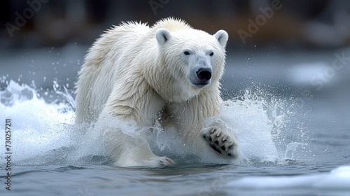 a close up of a polar bear in a body of water with a splash of water on it's face.