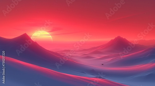 a computer generated image of a sunset over a mountain range with a bird in the foreground and a bird in the foreground.