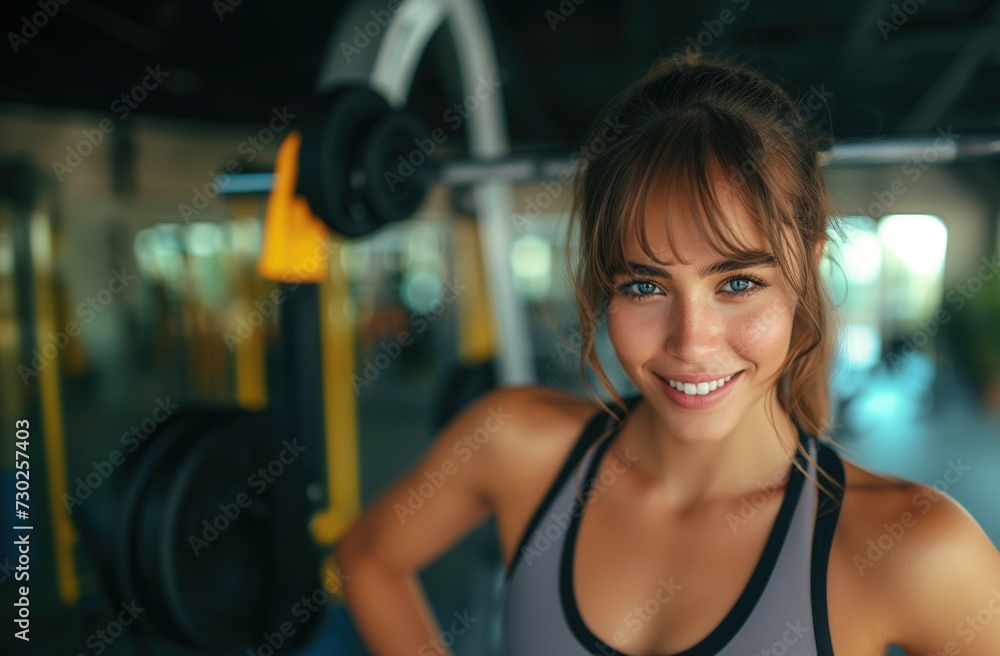 Fototapeta premium Closeup headshot of young fit sporty muscular beautiful caucasian brunette woman with beautiful eyes and freckles in gym after training smiling at camera