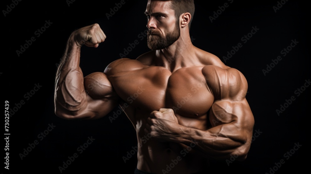 tense arm clenched into fist, veins, bodybuilder muscles on a dark background. Neural network AI generated art