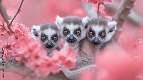 three baby lemurs are sitting in a tree with pink flowers in the foreground and one is looking at the camera.
