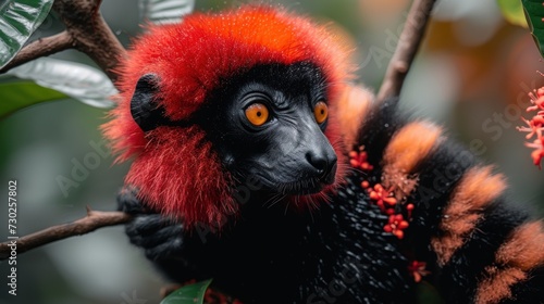 a close up of a monkey on a tree branch with a red and black fur on it's head. photo