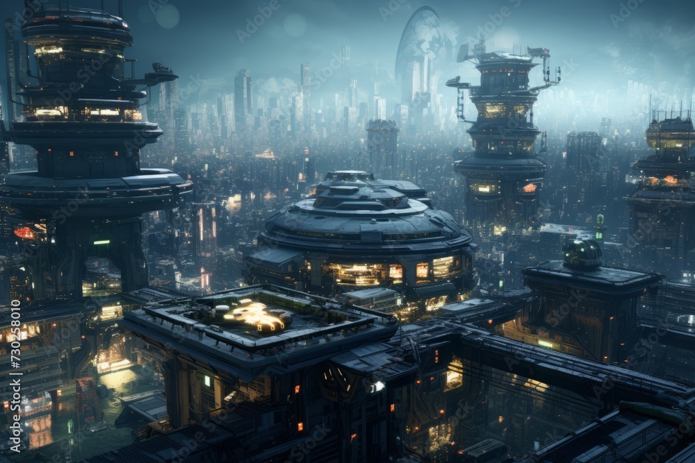 Aerial view of a gritty cyberpunk cityscape with sprawling megastructures