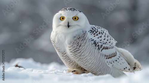 a white owl with yellow eyes is sitting in the snow with snow flakes on it's back legs.