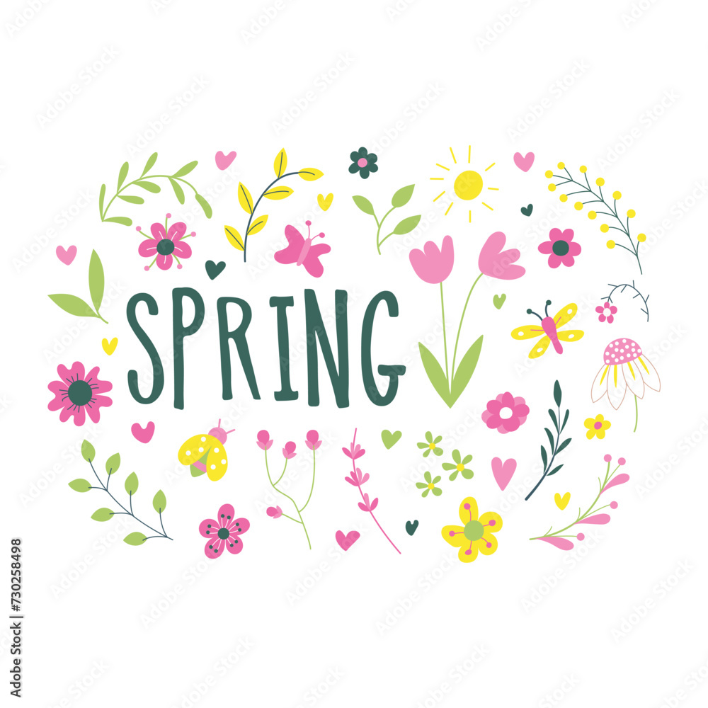 Cute sticker with the words Hello spring and beautiful spring flowers, leaves. For postcard design. Hand drawn. Vector illustration