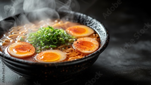 a close up of a bowl of food with steam rising out of the top and eggs in the middle of the bowl. photo