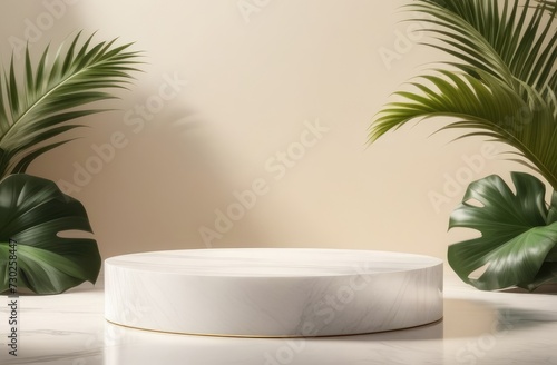 marble 3 D podium for product presentation, decorated with tropical leaves, 3D rendering