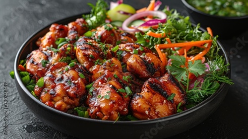 a close up of a bowl of food with meat and veggies on a table next to a bowl of salad.