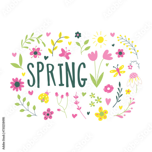Cute sticker with the words Hello spring and beautiful spring flowers, leaves. For postcard design. Hand drawn. Vector illustration © Alena
