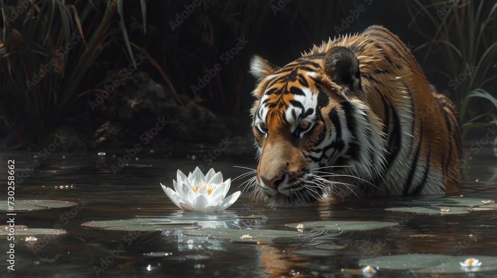 a tiger in a body of water with a white flower in it's mouth and it's head in the water.