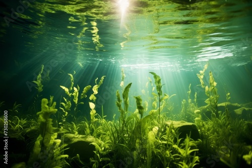 An underwater view of aquatic plants thriving in a clear pond, a testament to the benefits of effective water monitoring