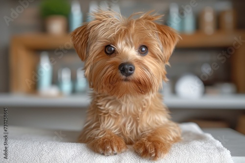 Dog in a beauty salon getting his hair cut at the groomer