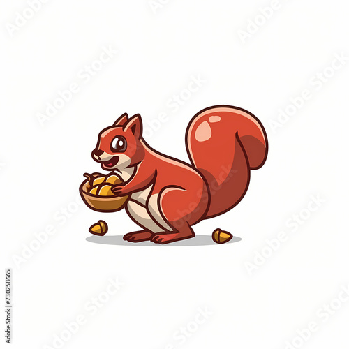 Flat Logo of Excited Squirrel Gathering Acorns Cartoon.
