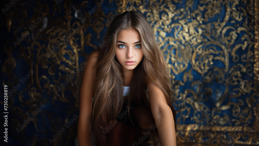 A mysterious aura surrounds a person with luscious, wavy hair, wearing an elegant red lace garment. The face is obscured, adding an enigmatic touch against a dark, textured backdrop