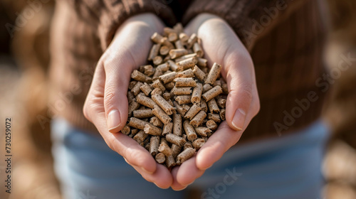 Natural wood pellet on hands.