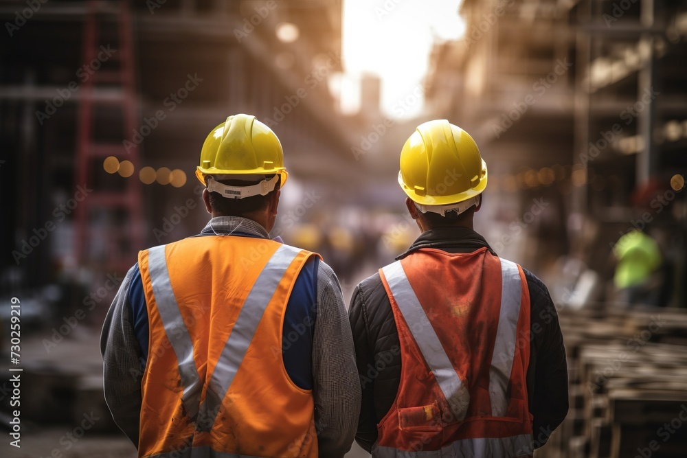 Back view of construction workers with safety helmets Back view of construction workers with safety helmets