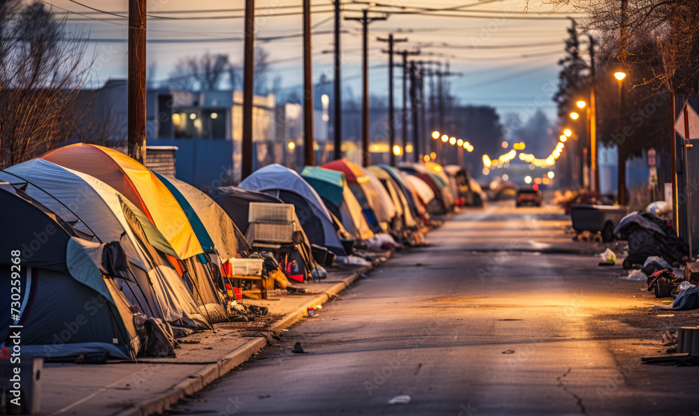 Desolate urban scene with a line of makeshift tents along a street, embodying the harsh reality of homelessness and poverty in the city's shadows - obrazy, fototapety, plakaty 