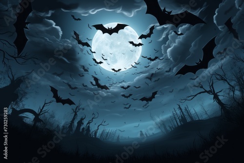 Group of bats flying over a full moon