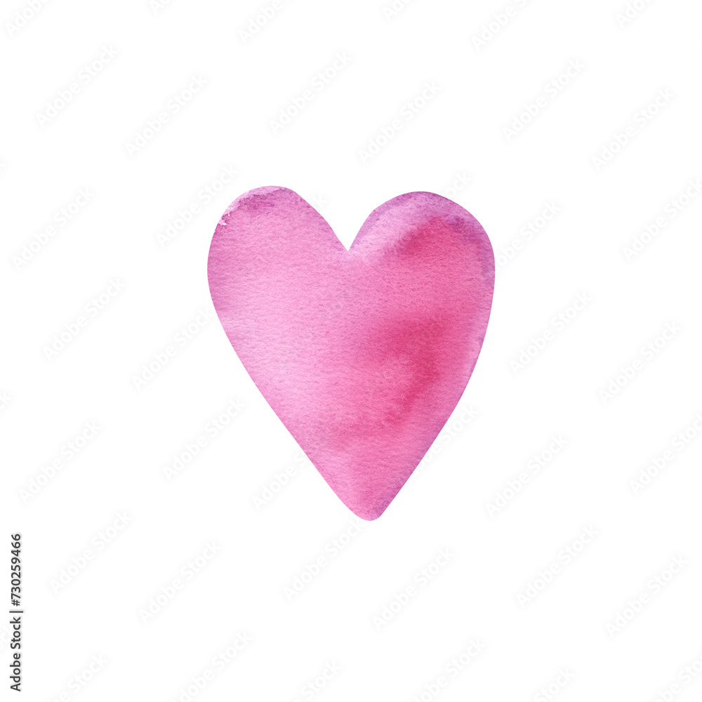 A pink watercolor heart on a white background. The illustration is hand-drawn. Valentine's day. A celebration of love. Clipart, stickers, logo, decor.