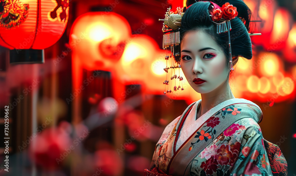 Elegant geisha in traditional kimono adorned with hairpieces against a backdrop of vibrant red lanterns Elegant geisha in traditional kimono adorned with hairpieces against a backdrop of vibrant red lanterns