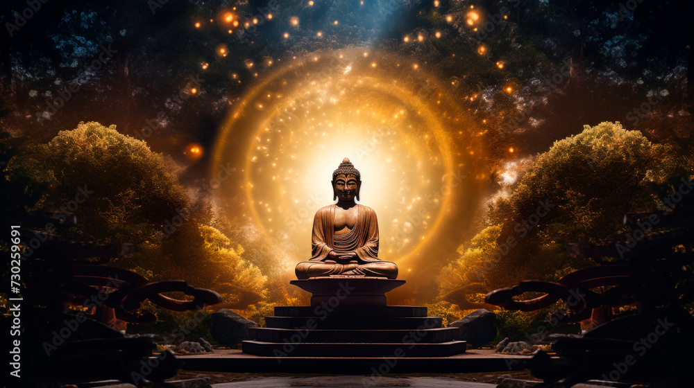 Serene stone statue of Buddha in meditation, enveloped by warm sunset, twinkling stars against a nighttime forest, creates atmosphere. Tranquility, meditation. Transformation, spiritual awakening.