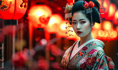Elegant geisha in traditional kimono adorned with hairpieces against a backdrop of vibrant red lanterns photo