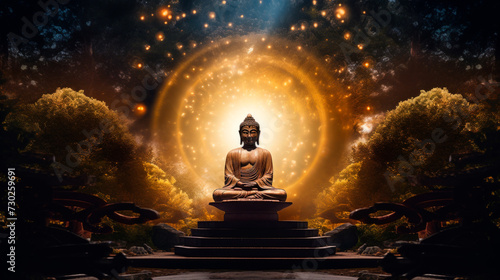 Serene stone statue of Buddha in meditation, enveloped by warm sunset, twinkling stars against a nighttime forest, creates atmosphere. Tranquility, meditation. Transformation, spiritual awakening.