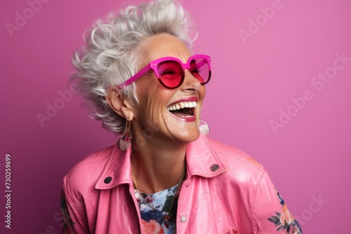 Portrait of happy senior woman in pink sunglasses on pink background. © Iigo