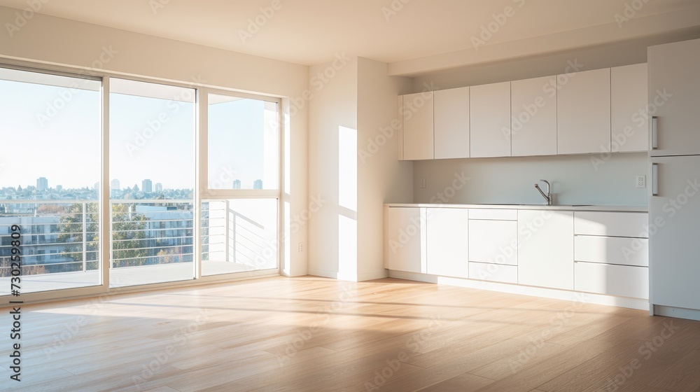 Fototapeta premium Commercial apartment building floors built for interior decoration and design, open space with bright area and Kitchen , AI generated
