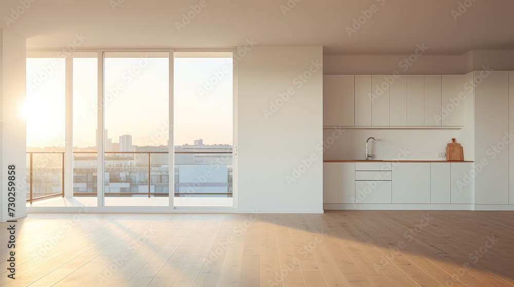 Fototapeta premium Commercial apartment building floors built for interior decoration and design, open space with bright area and Kitchen , AI generated