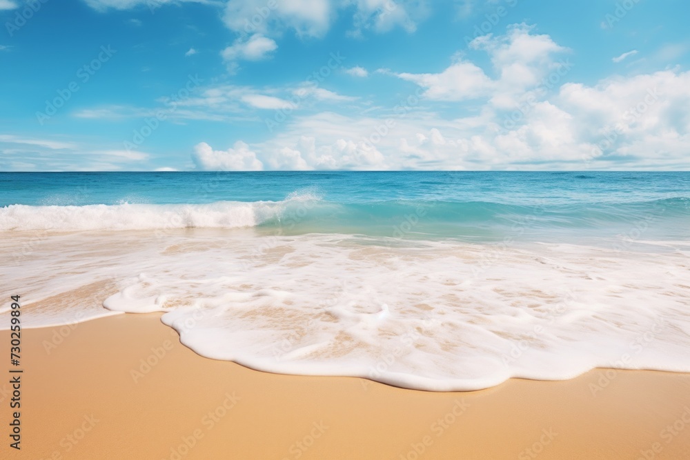 Calm ocean waves rolling onto a sandy beach under a clear sky