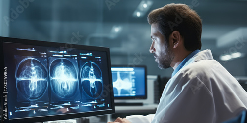 Expert Doctor Reviews Lung X-ray on Hospital Computer