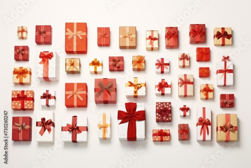 Christmas presents of various sizes and shapes neatly arranged on a white background