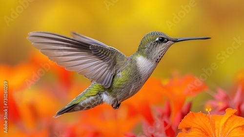 a hummingbird hovers over a flower in a field of orange and red flowers with a blurry background.