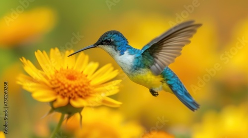 a blue and yellow hummingbird flying over a yellow flower with a yellow flower in the foreground and a green and yellow flower in the background.