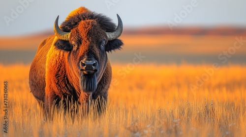 a close up of a bison in a field of tall grass with a mountain in the distance in the background.