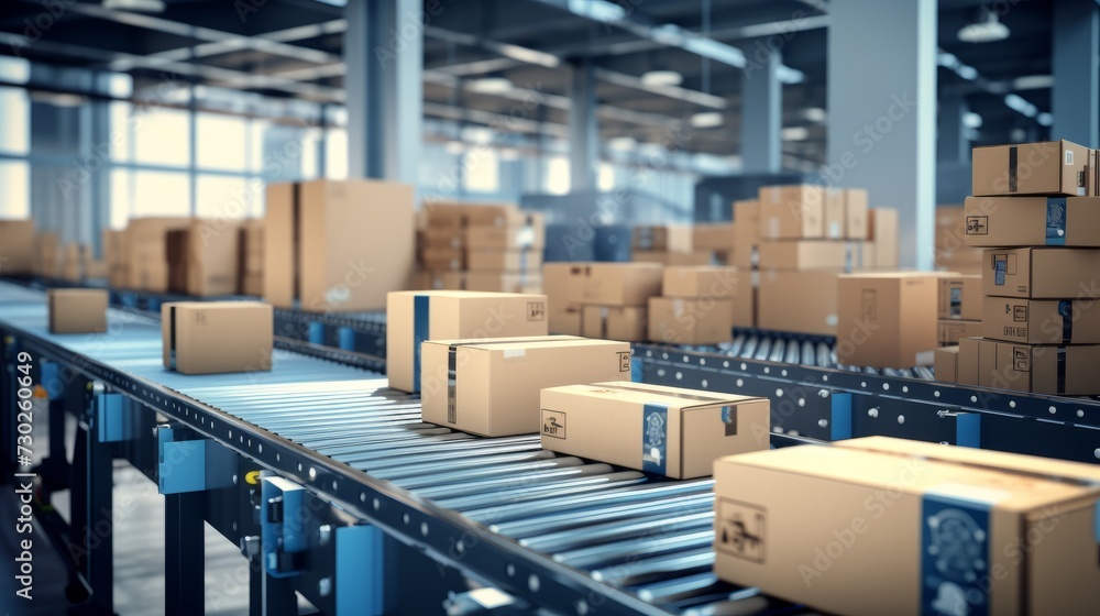 Many packages are transported on a conveyor belt for delivery Many packages are transported on a conveyor belt for delivery