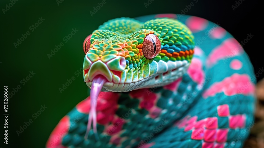 a close up of a snake's head with a green, orange, and pink pattern on it's body. a close up of a snake's head with a green, orange, and pink pattern on it's body.